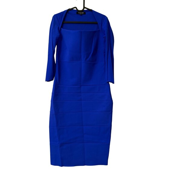 Chiara Boni Italy Royal Blue Square Neck 3/4 Sleeve Sheath Midi Dress Womens 10 - Picture 1 of 6